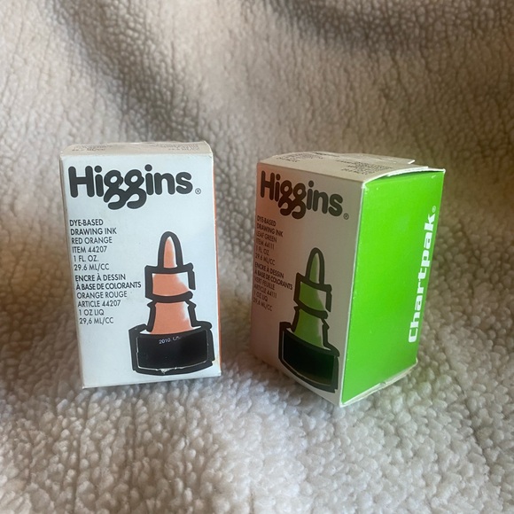 Higgins Red Orange & Leaf Green Dye Drawing Ink Paint 1oz each - Picture 4 of 6